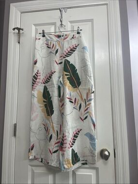 Cynthia Rowley White Linen Wide-Leg Pants with Tropical Leaf Print
